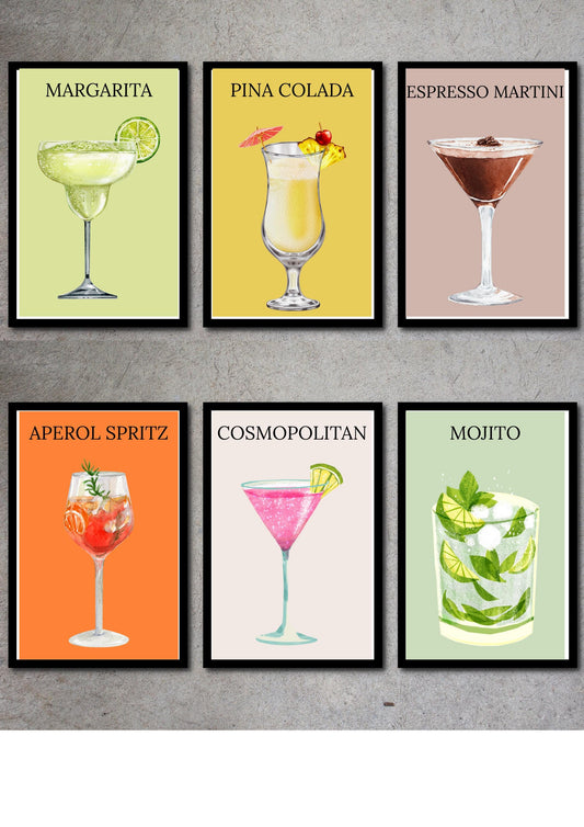 Set Of 6 A4|A3 Cocktail Decor Prints